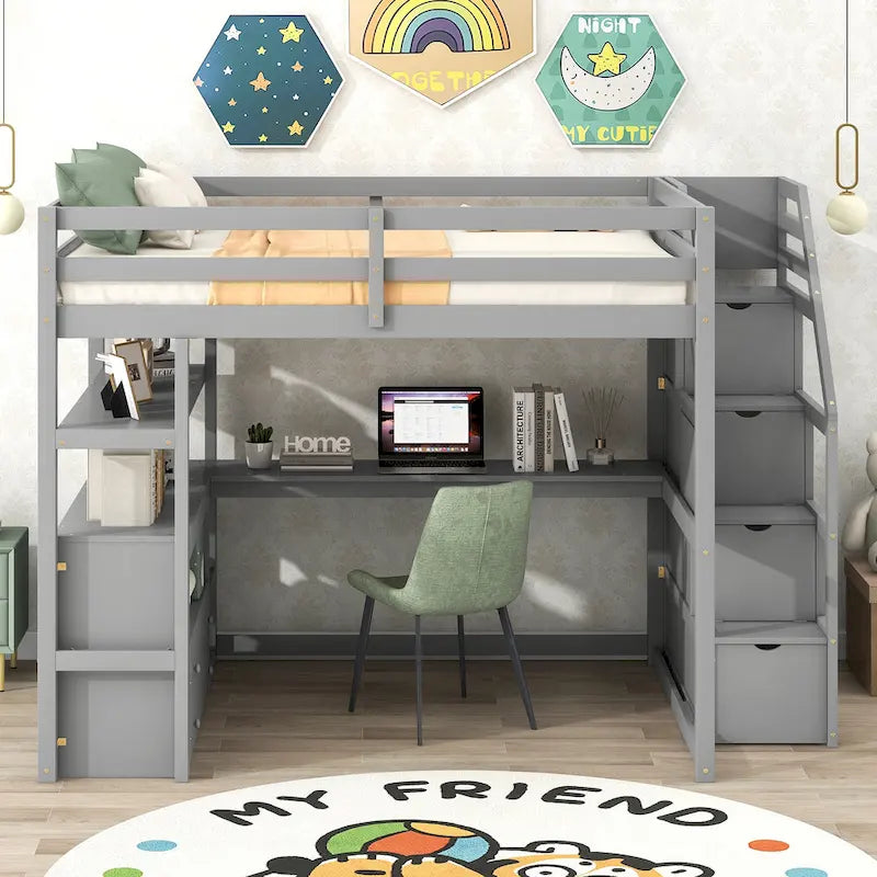Full Size Loft Bed with Desk and Shelves, Two Built-in Drawers, Storage Staircase