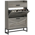 Narrow Shoe Cabinet, Industrial Shoe Storage Cabinet with 2 Flip Drawers, Adjustable Shelves, and Top Drawer