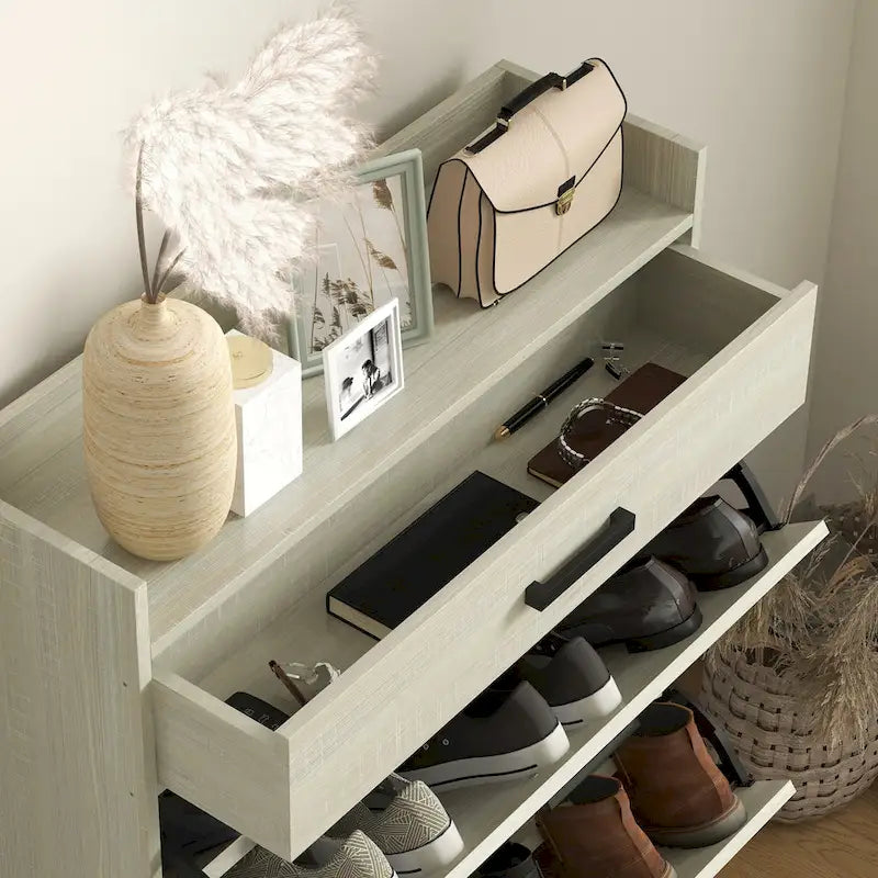 Narrow Shoe Cabinet, Industrial Shoe Storage Cabinet with 2 Flip Drawers, Adjustable Shelves, and Top Drawer