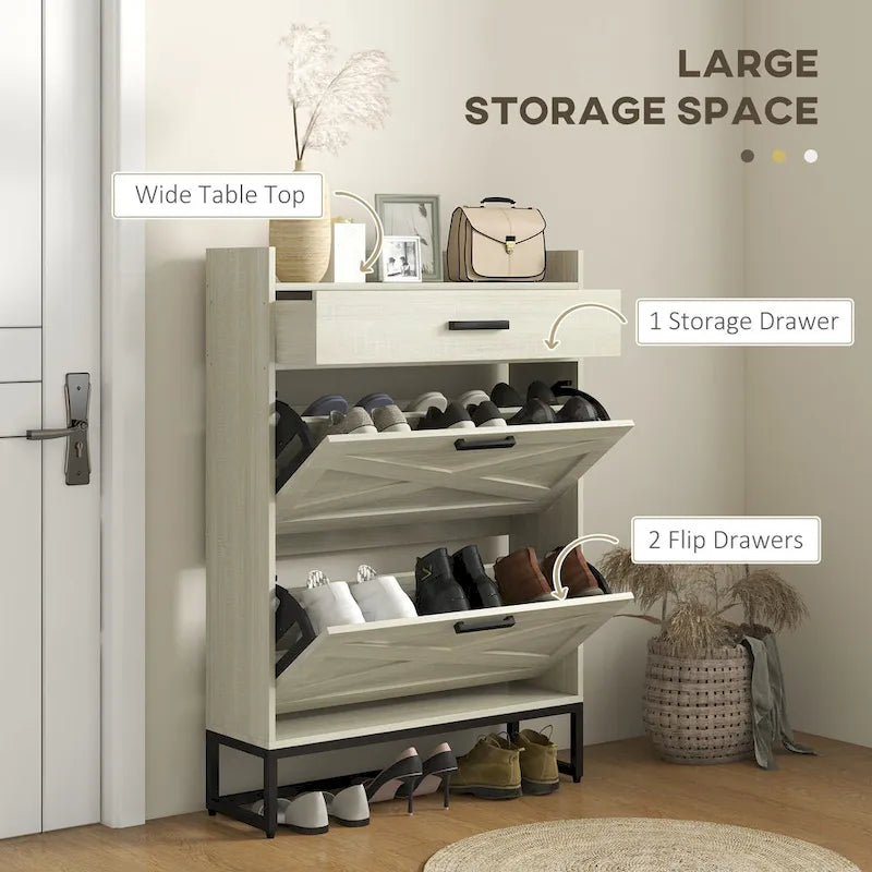 Narrow Shoe Cabinet, Industrial Shoe Storage Cabinet with 2 Flip Drawers, Adjustable Shelves, and Top Drawer