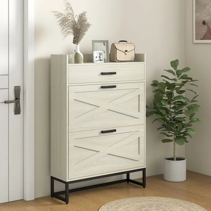 Narrow Shoe Cabinet, Industrial Shoe Storage Cabinet with 2 Flip Drawers, Adjustable Shelves, and Top Drawer