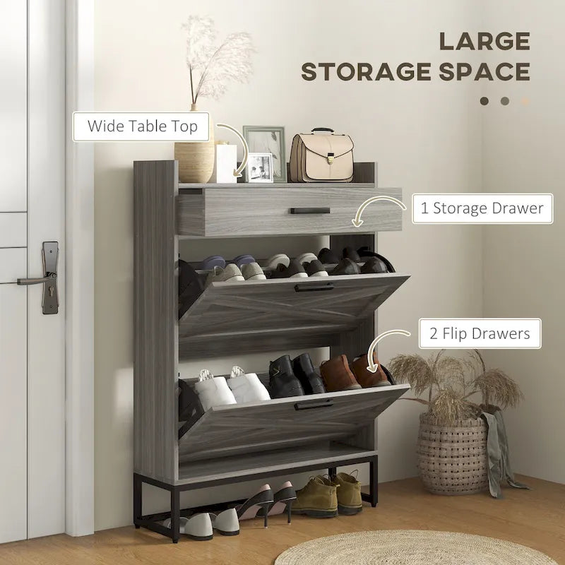 Narrow Shoe Cabinet, Industrial Shoe Storage Cabinet with 2 Flip Drawers, Adjustable Shelves, and Top Drawer