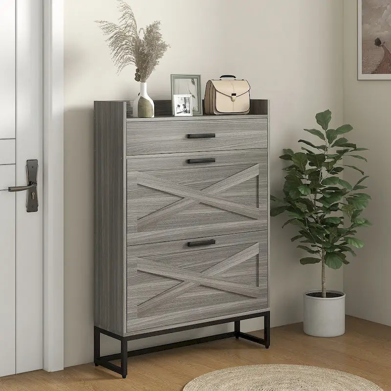 Narrow Shoe Cabinet, Industrial Shoe Storage Cabinet with 2 Flip Drawers, Adjustable Shelves, and Top Drawer