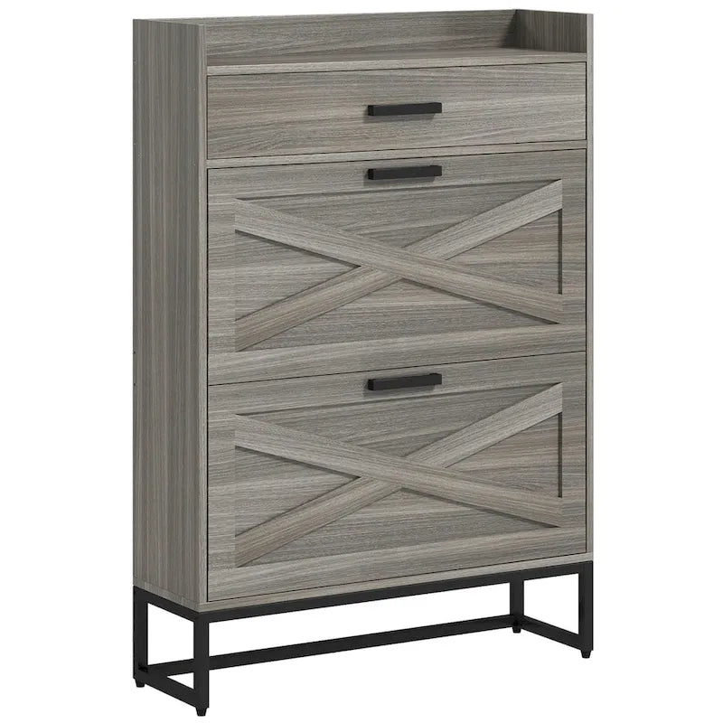Narrow Shoe Cabinet, Industrial Shoe Storage Cabinet with 2 Flip Drawers, Adjustable Shelves, and Top Drawer