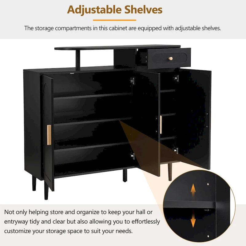 Elegant Shoe Cabinet with Arched Doors and Drawer, Cream Style Storage Sideboard with Adjustable Shelves and Solid Wood Legs