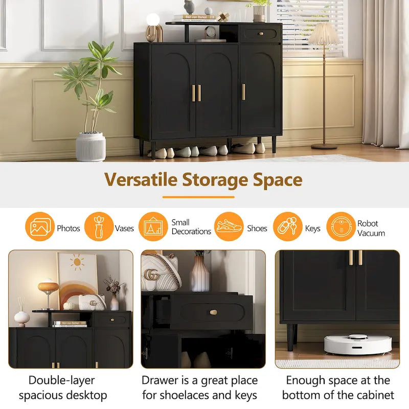 Elegant Shoe Cabinet with Arched Doors and Drawer, Cream Style Storage Sideboard with Adjustable Shelves and Solid Wood Legs