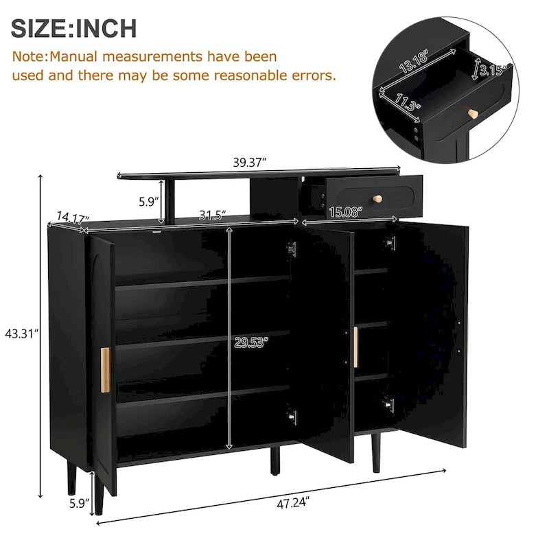 Elegant Shoe Cabinet with Arched Doors and Drawer, Cream Style Storage Sideboard with Adjustable Shelves and Solid Wood Legs