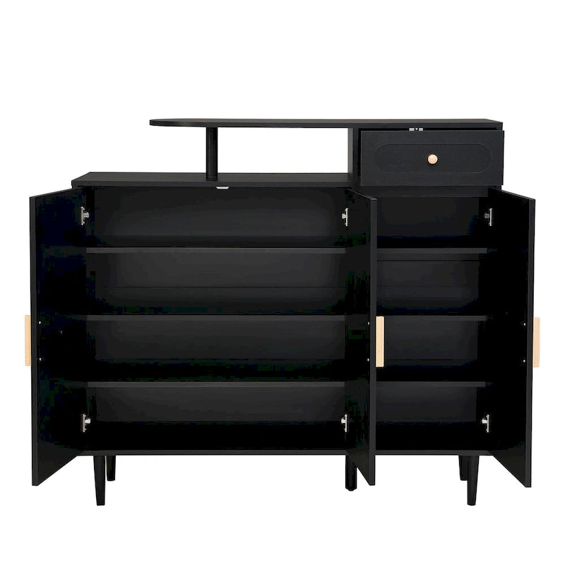 Elegant Shoe Cabinet with Arched Doors and Drawer, Cream Style Storage Sideboard with Adjustable Shelves and Solid Wood Legs