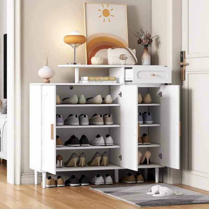 Elegant Shoe Cabinet with Arched Doors and Drawer, Cream Style Storage Sideboard with Adjustable Shelves and Solid Wood Legs