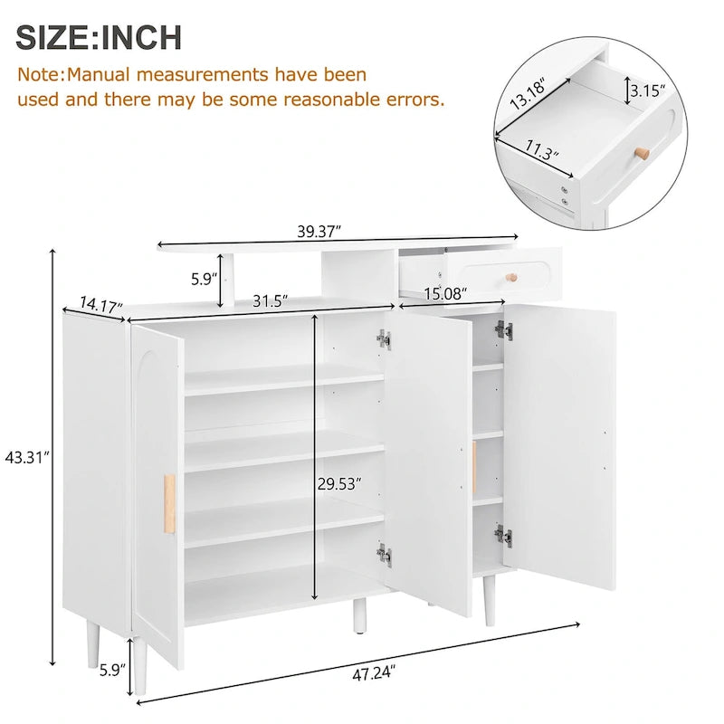Elegant Shoe Cabinet with Arched Doors and Drawer, Cream Style Storage Sideboard with Adjustable Shelves and Solid Wood Legs