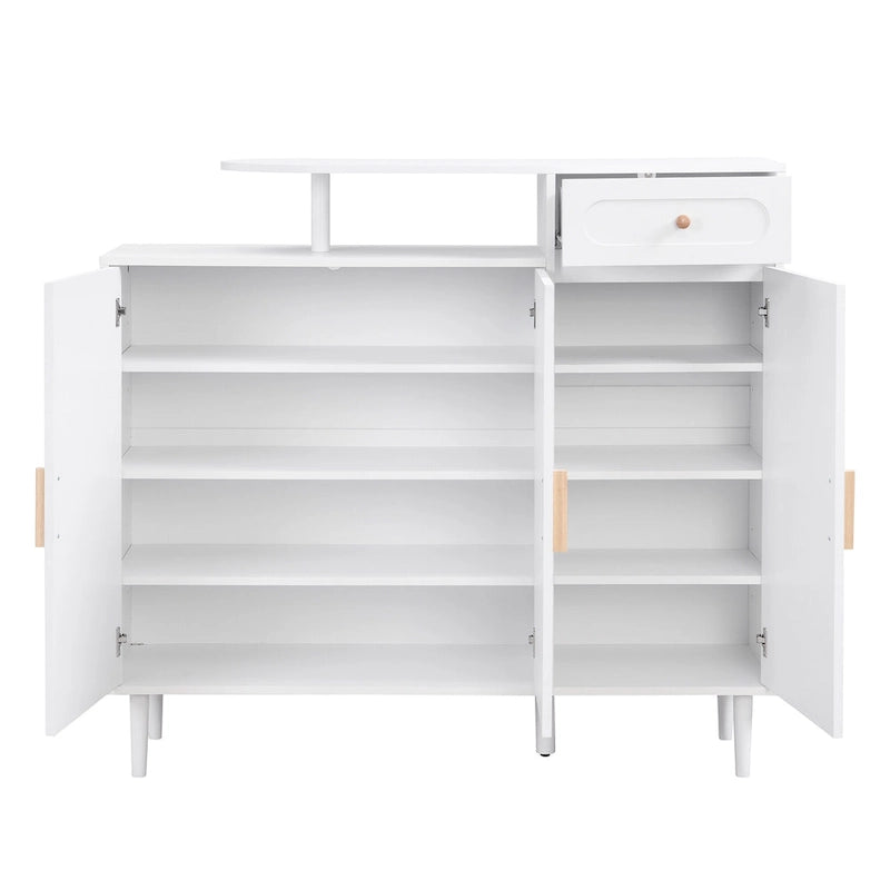 Elegant Shoe Cabinet with Arched Doors and Drawer, Cream Style Storage Sideboard with Adjustable Shelves and Solid Wood Legs