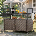 Outdoor Grill Cart Table with Wheels, Wicker Kitchen Island