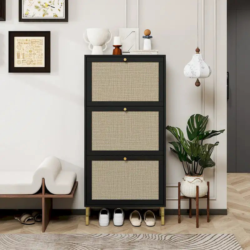 Rattan 3 Door Shoe Rack, Freestanding Modern Shoe Storage Cabinet
