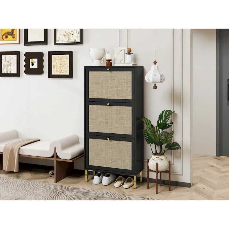 Rattan 3 Door Shoe Rack, Freestanding Modern Shoe Storage Cabinet