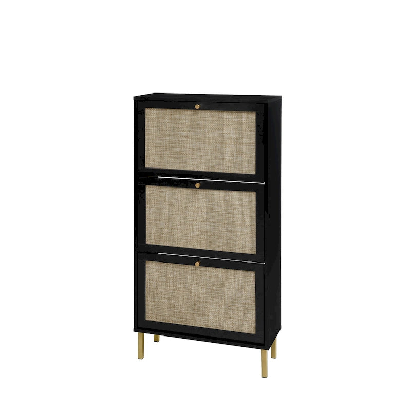 Rattan 3 Door Shoe Rack, Freestanding Modern Shoe Storage Cabinet