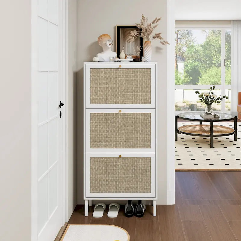 Rattan 3 Door Shoe Rack, Freestanding Modern Shoe Storage Cabinet