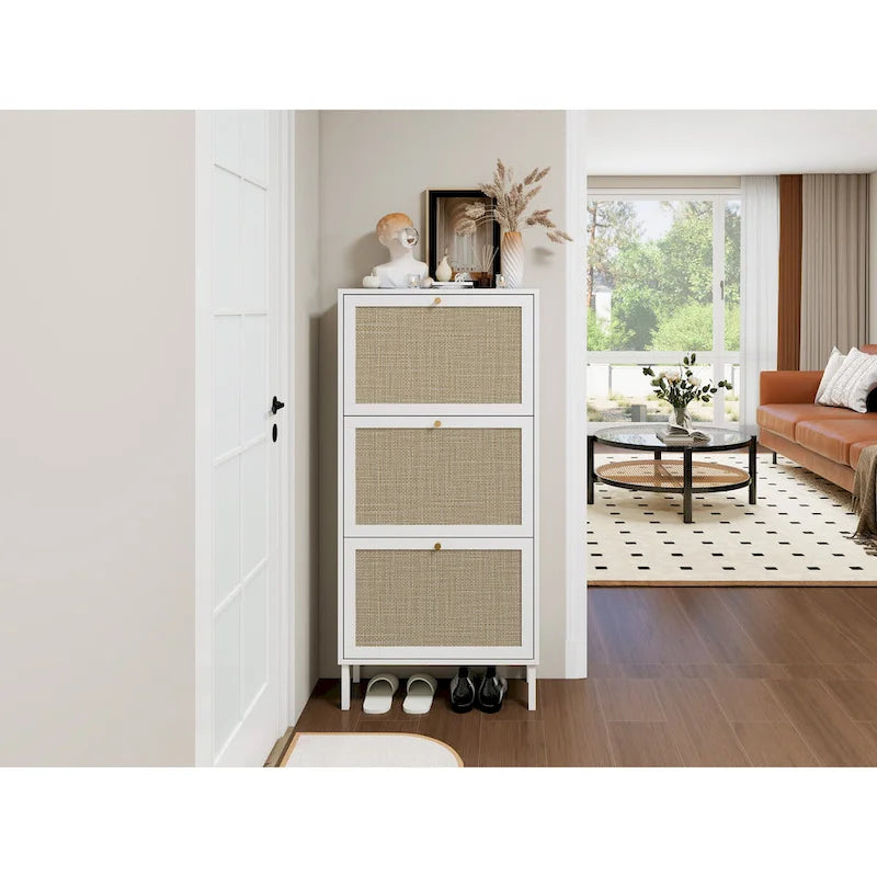 Rattan 3 Door Shoe Rack, Freestanding Modern Shoe Storage Cabinet
