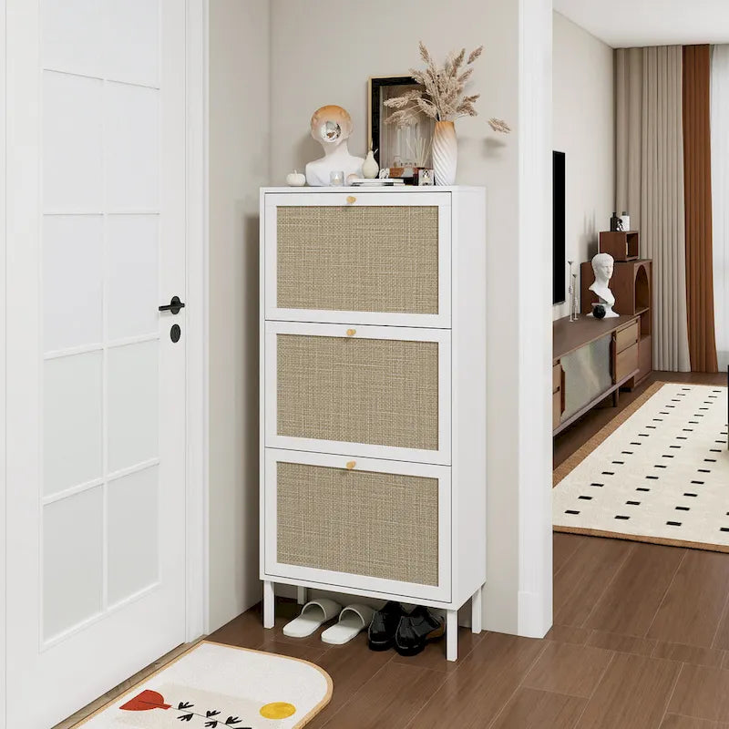 Rattan 3 Door Shoe Rack, Freestanding Modern Shoe Storage Cabinet