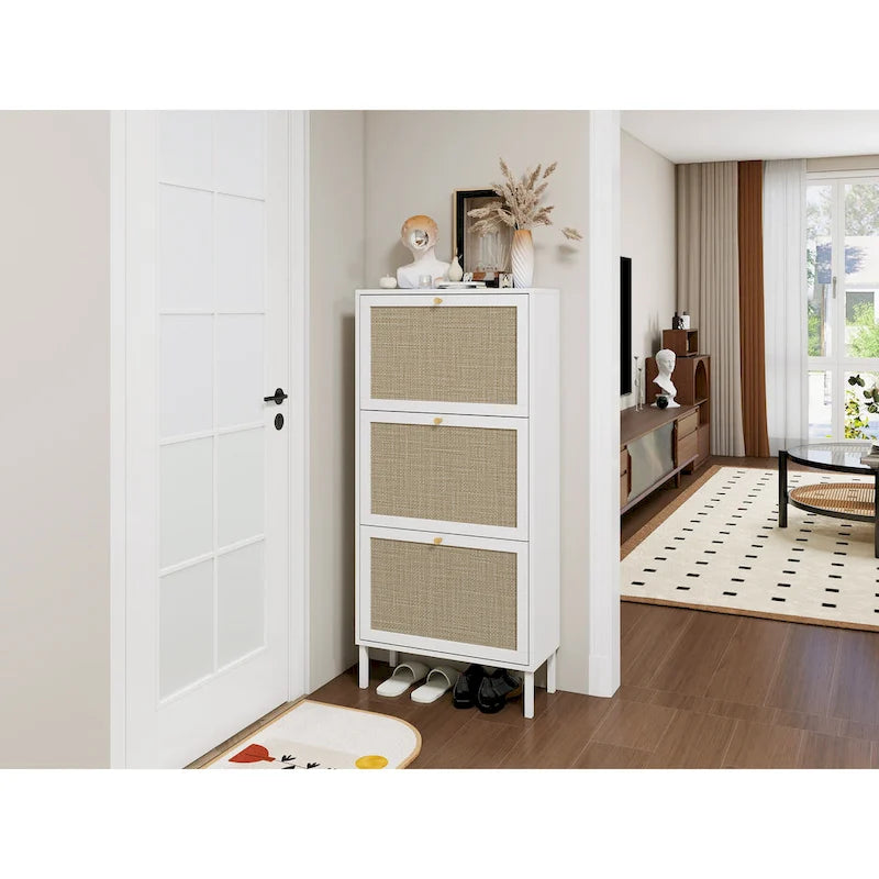 Rattan 3 Door Shoe Rack, Freestanding Modern Shoe Storage Cabinet