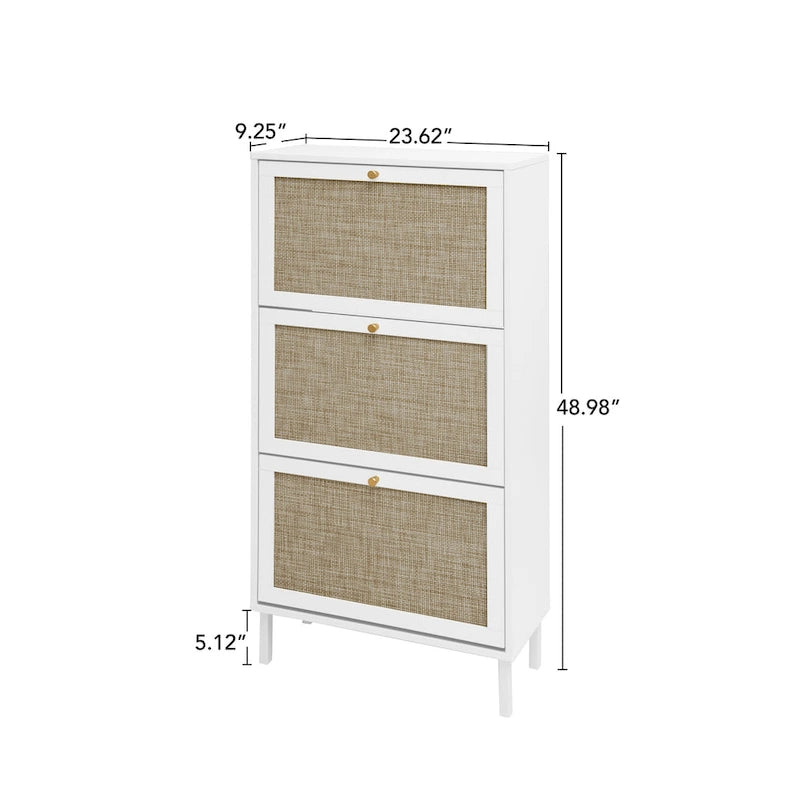 Rattan 3 Door Shoe Rack, Freestanding Modern Shoe Storage Cabinet