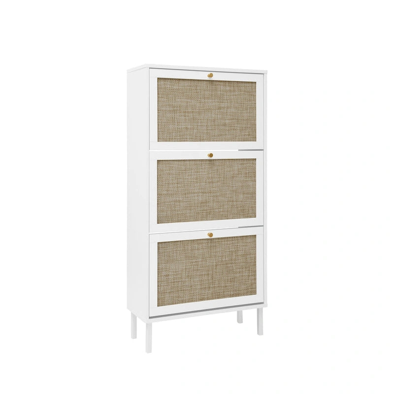 Rattan 3 Door Shoe Rack, Freestanding Modern Shoe Storage Cabinet