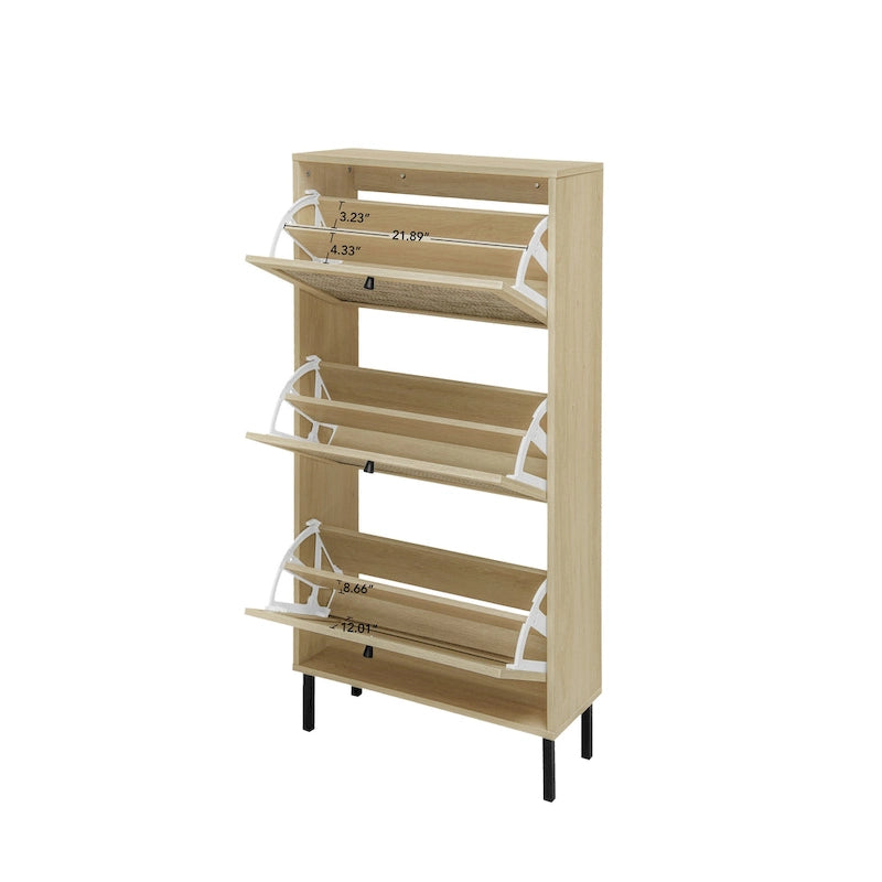 Rattan 3 Door Shoe Rack, Freestanding Modern Shoe Storage Cabinet