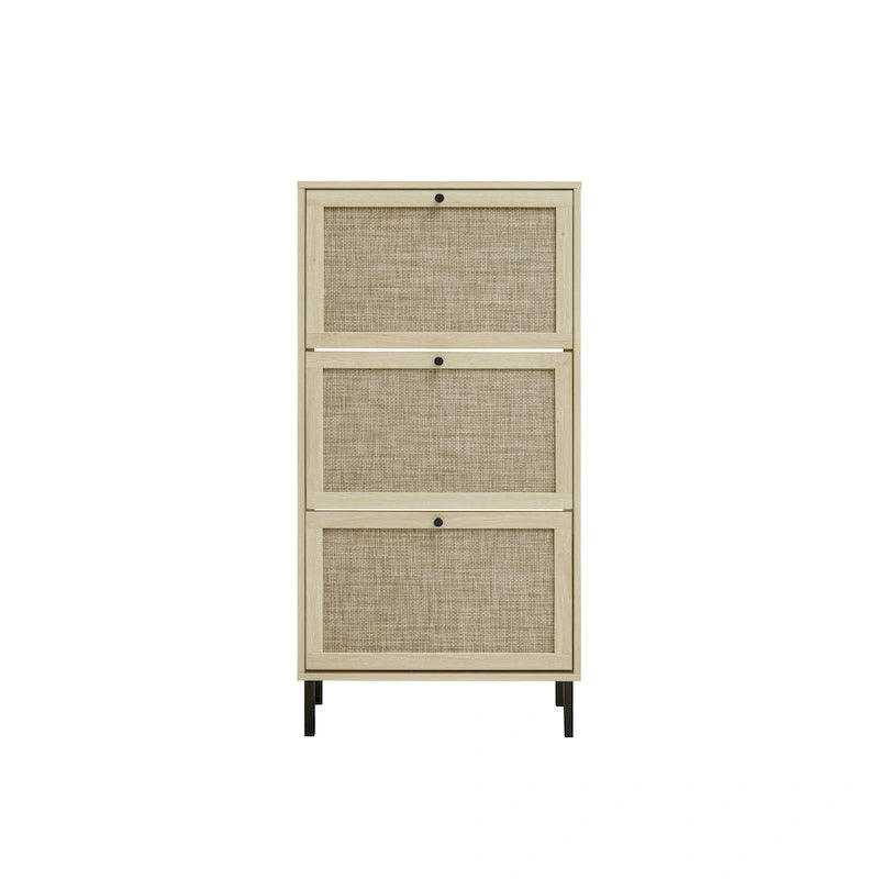 Rattan 3 Door Shoe Rack, Freestanding Modern Shoe Storage Cabinet