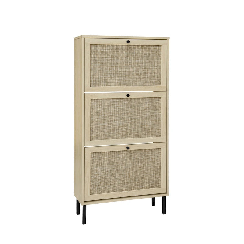 Rattan 3 Door Shoe Rack, Freestanding Modern Shoe Storage Cabinet