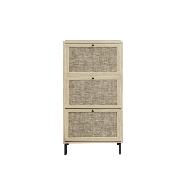 Rattan 3 Door Shoe Rack, Freestanding Modern Shoe Storage Cabinet