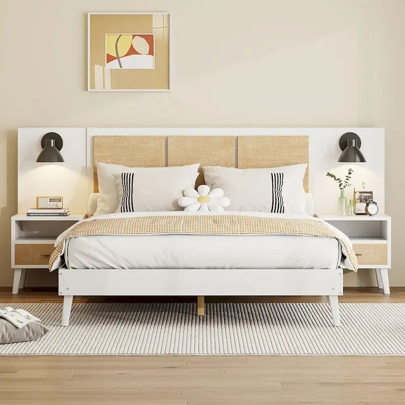 Queen Size Solid Wood Bed Frame with 2 Nightstands, Built-in Lamps, Rattan & Wood Design,White