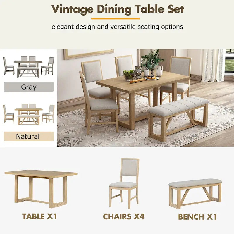 6 Piece Dining Table Chair Set, Wooden Kitchen Furniture Set with Acacia Wood Rectangular Table, 4 Chairs and 1 Bench