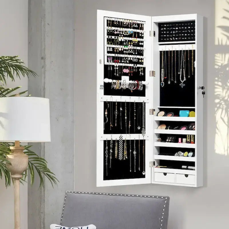 Costway Wall Mounted Mirrored Jewelry Cabinet Organizer w/LED Lights