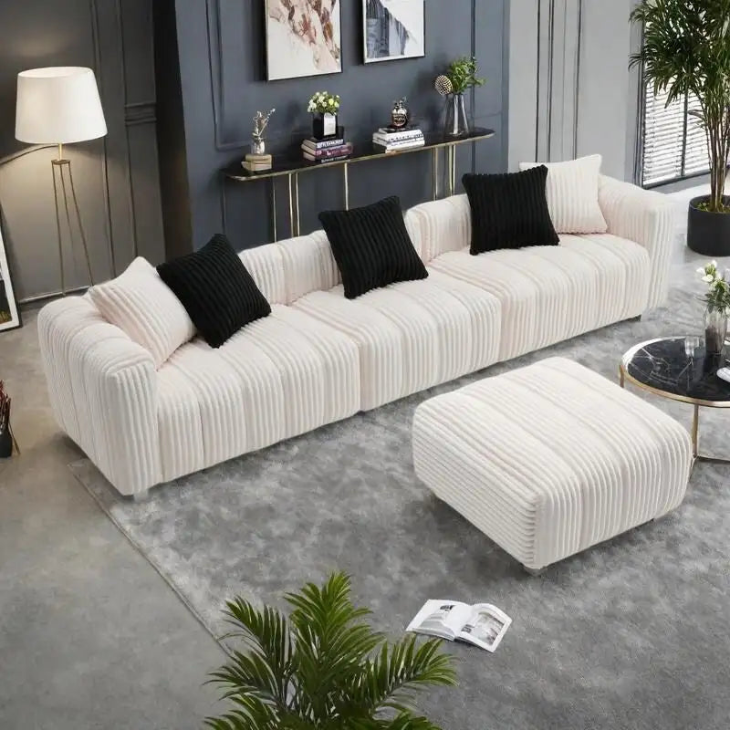114.17 Corduroy 3-Seater Sofa with Ottoman, Solid Wood Frame and High-Density Foam Cushions