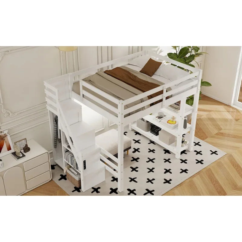 Full/Twin Loft Bed with Storage Stairs - Shelves, Wardrobe & LED Light, Space-Saving Design