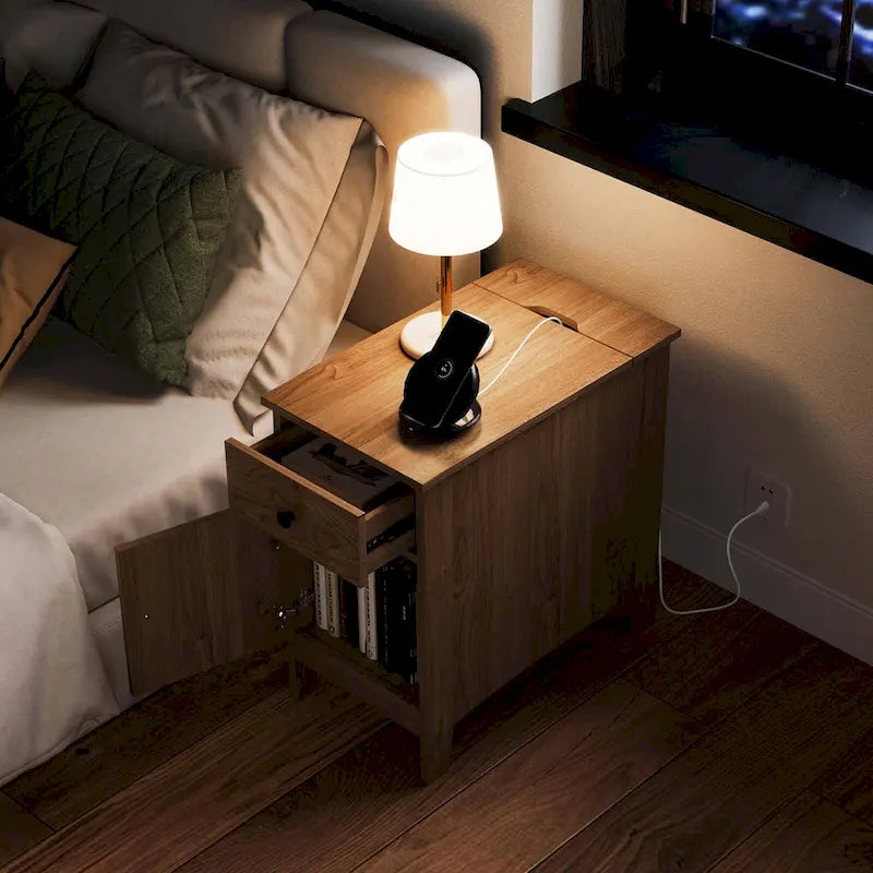 Costway 1/2 PCS End Table with Charging Station Flip Top Bedside Table