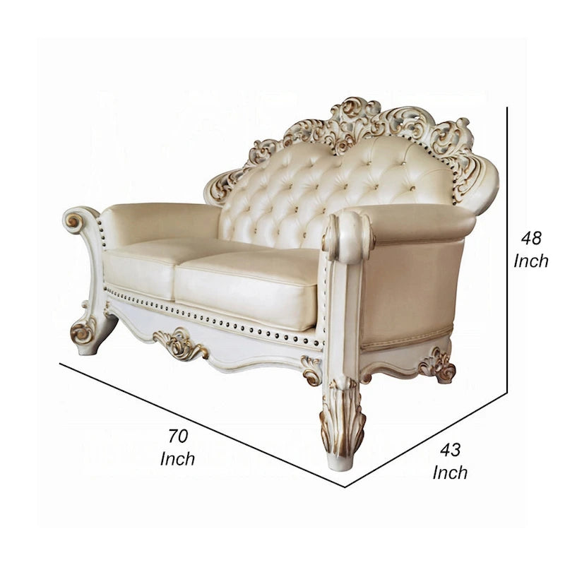 Antoine Loveseat, Carved, Champagne Faux Leather, Pearl White 70 Inch