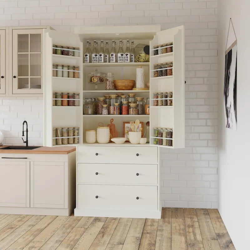 Kitchen Pantry Cabinet with 8 Doors Shelves, Wood Storage Cabinet with 3 Storage Drawers, Cupboard with Adjustable Shelves