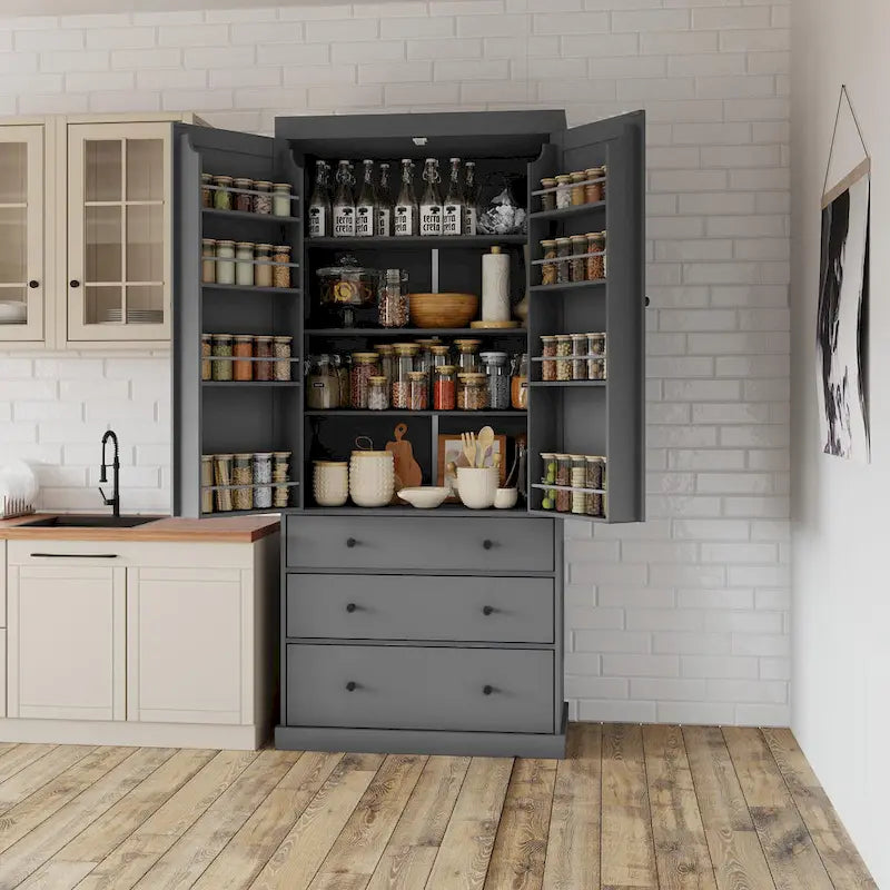 Kitchen Pantry Cabinet with 8 Doors Shelves, Wood Storage Cabinet with 3 Storage Drawers, Cupboard with Adjustable Shelves