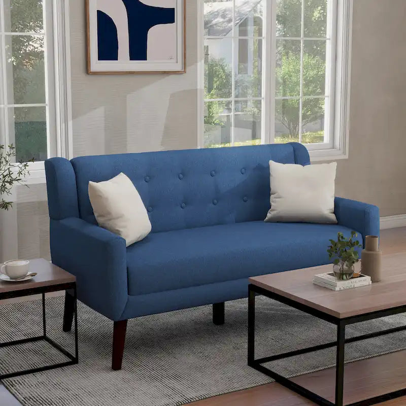 Tufted Linen/Cotton 2-Seater Sofa with Pillows