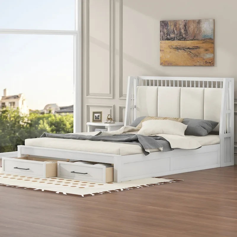 White Queen Size Wooden Platform Bed with Upholstered Headboard and 2 Drawers