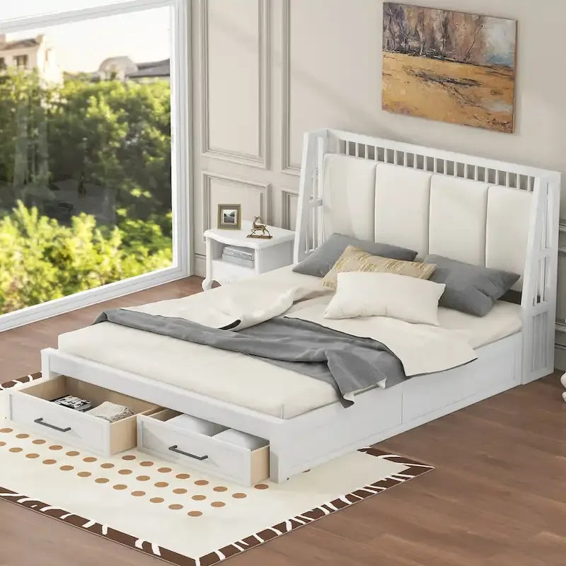 White Queen Size Wooden Platform Bed with Upholstered Headboard and 2 Drawers