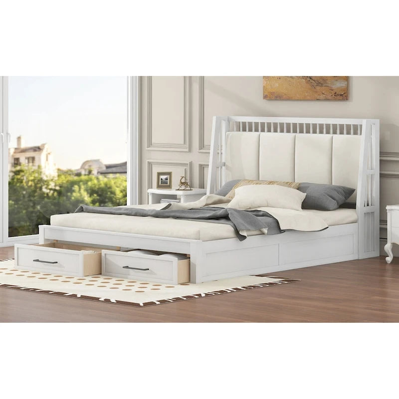 White Queen Size Wooden Platform Bed with Upholstered Headboard and 2 Drawers