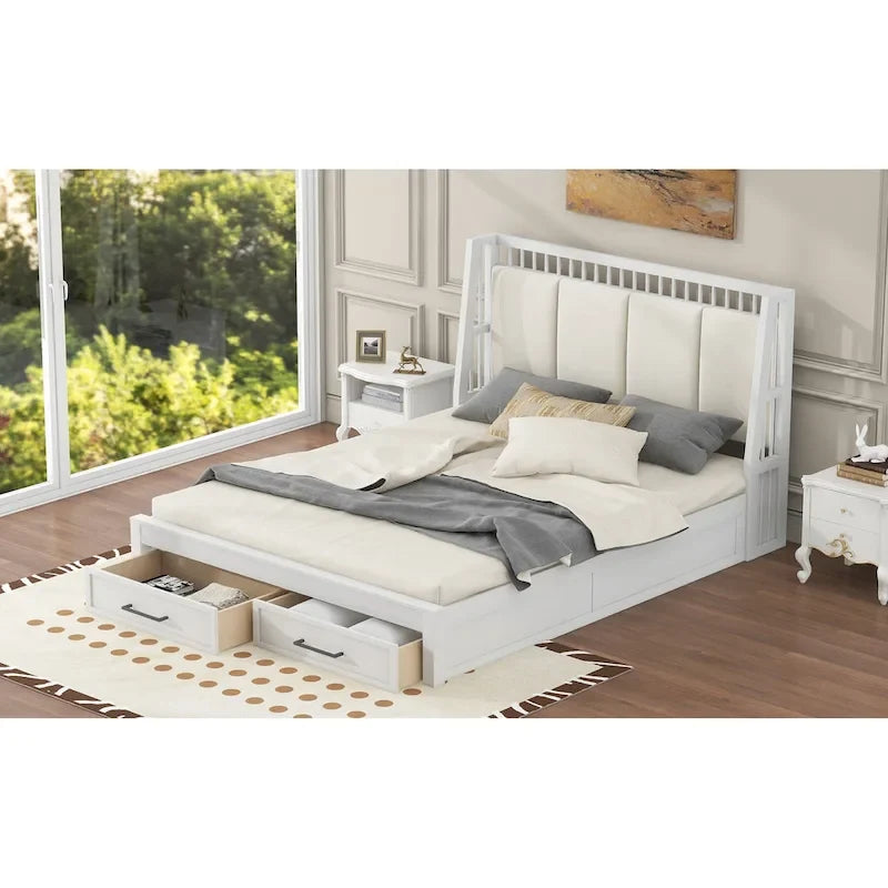White Queen Size Wooden Platform Bed with Upholstered Headboard and 2 Drawers