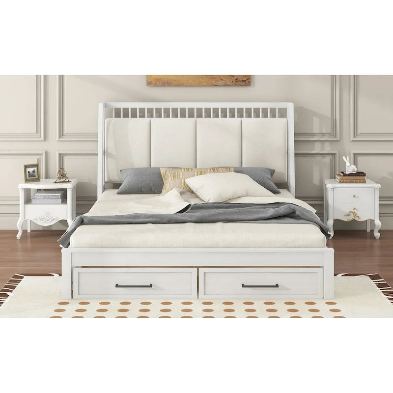 White Queen Size Wooden Platform Bed with Upholstered Headboard and 2 Drawers