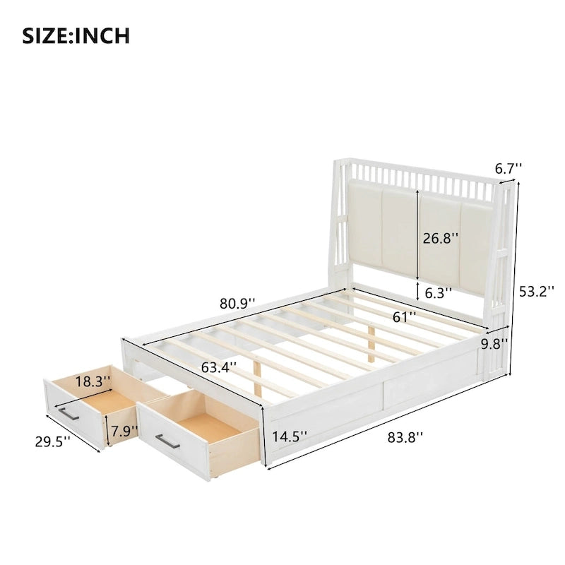 White Queen Size Wooden Platform Bed with Upholstered Headboard and 2 Drawers