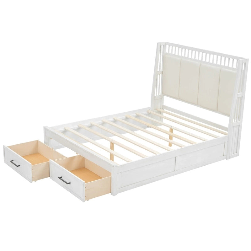 White Queen Size Wooden Platform Bed with Upholstered Headboard and 2 Drawers