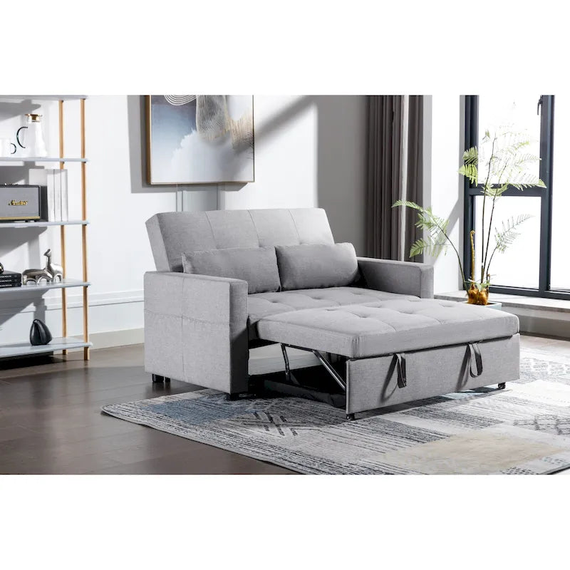 Light Grey Linen Loveseat Convertible Sofa Bed with Side Pocket