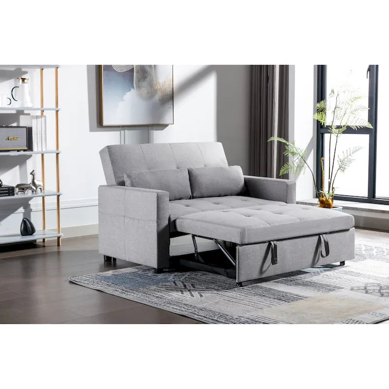 Light Grey Linen Loveseat Convertible Sofa Bed with Side Pocket
