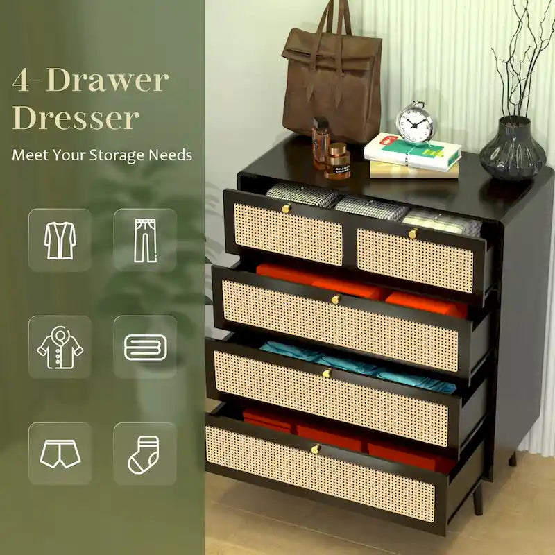 Modern Rattan 4-Drawer Dresser Chest with Metal Handles