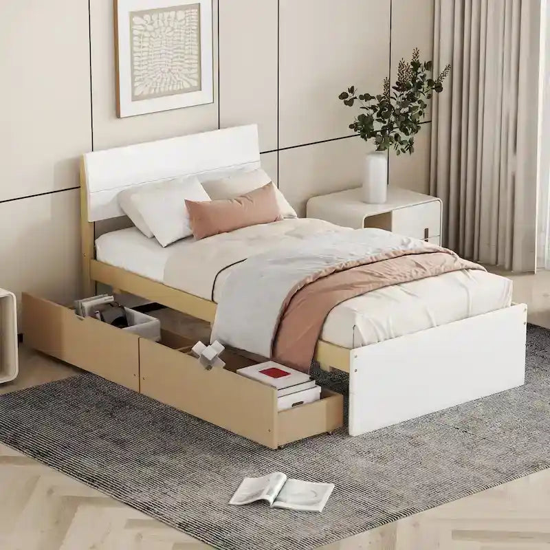 High Gloss Wood Platform Bed with 2 Drawers